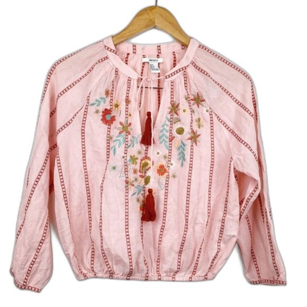 FOREVER 21 Floral Embroidered Tasseled Pink Blouse S